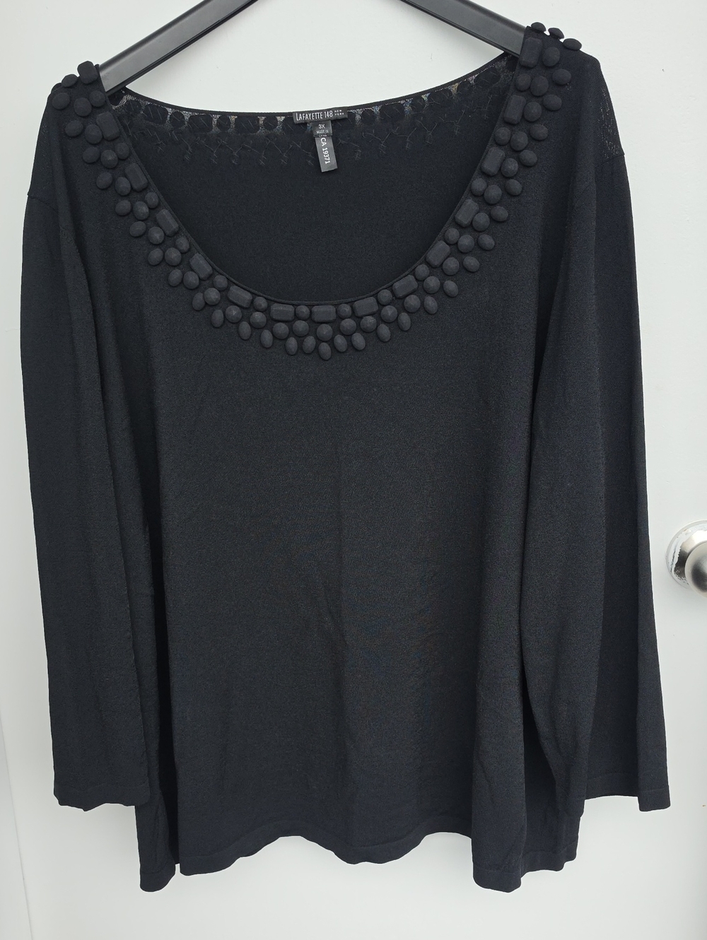 Lafayette 148 New York Black Scoop Neck Long Sleeve Top with Pom Trim,3X